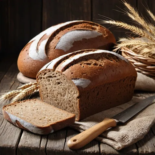 Prompt: rye bread on the village old wood table