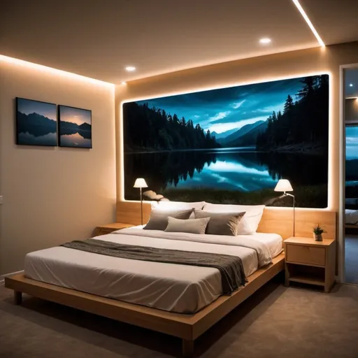 Prompt: comfortable bed  room with night electrical  light  On the wall behind a bed   beautiful nature picture on the wall