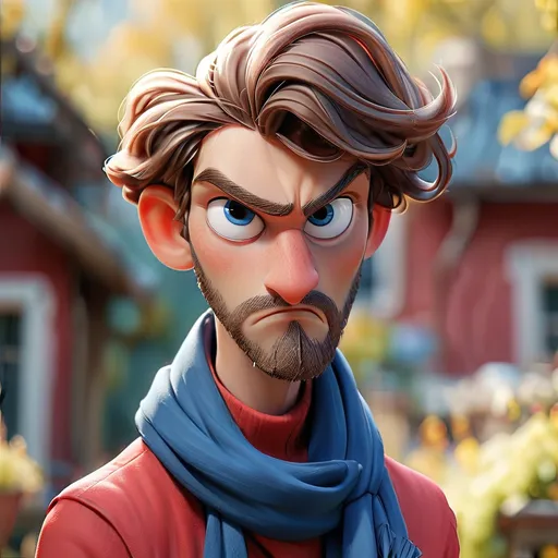 Prompt: In a close-up portrait, a young man with a well-groomed beard and expressive eyes captures attention against a softly blurred outdoor backdrop. His hair is styled with volume, framing his face, while he wears a vibrant blue scarf layered over a red garment, adding color to the composition. The image conveys a sense of warmth and confidence, with gentle natural lighting enhancing the rich tones of his skin and attire. The blurred hints of an outdoor setting evoke a casual, relaxed atmosphere, suggesting a moment of self-reflection or enjoyment. The overall mood is approachable and engaging, inviting the viewer to connect with the subject's gaze.