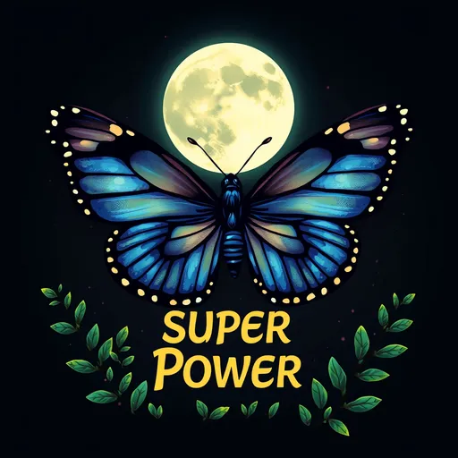 Prompt: i butterfly with night ligt fort shirt print with moon super power text.two colors only around green tiny leaves illustration

