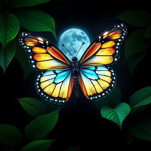 Prompt: i butterfly with night ligt fort shirt print with moon super power text.two colors only around green leaves

