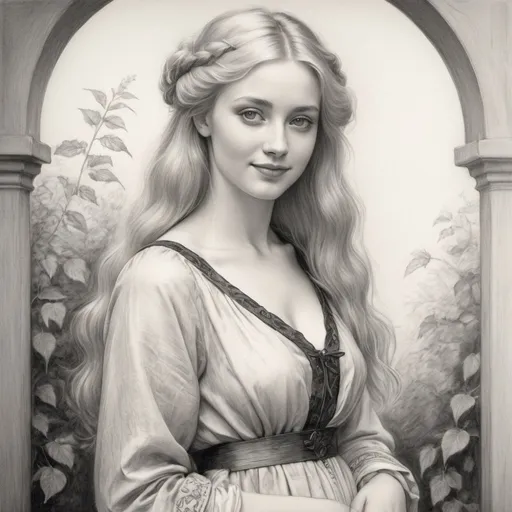 Prompt: Portrait of a beautifull blonde woman, full body , looking straight and smiling, in pencil, black and white, pre-raphaelian style
