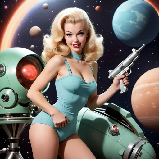 Prompt: Photo, sci-fi, blonde, long hair, real, flirtatious, winking, bombshell, bimbo, aliens, planets, outer space, ray gun, laser gun, skin tight, scary creatures in background, pinup, professional photo, glamour photo, straight hair, pretty, cute, bubbly
