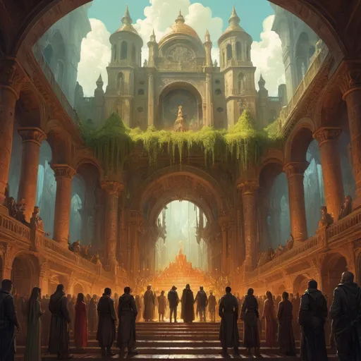 Prompt: a group of people standing on top of a stage, marc simonetti. intricate, symmetrical epic fantasy art, elegant cinematic fantasy art, beeple and alphonse mucha, marc _ simonetti, art style of marc simonetti, cinematic fantasy painting, style of marc simonetti, paul lehr and beeple