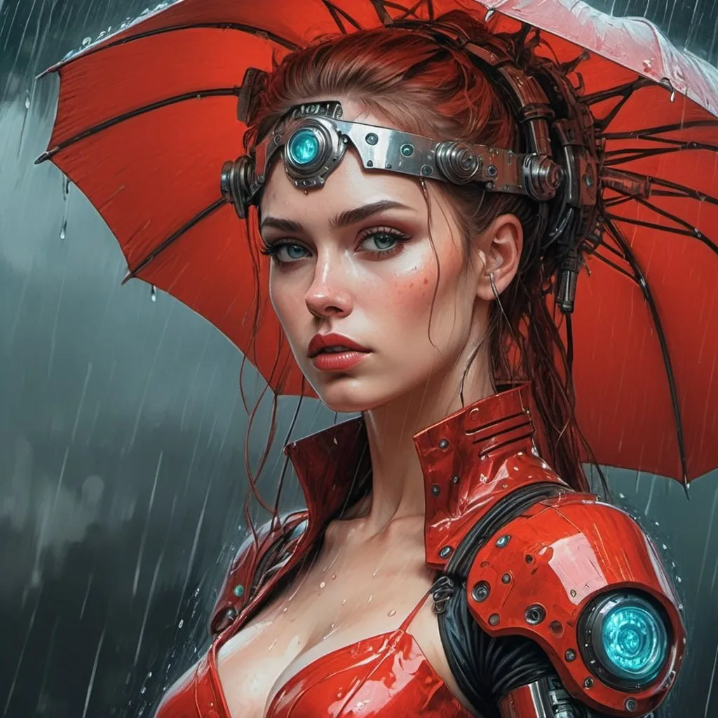 Prompt: Pencil drawn of highly concept cyborg art woman , red dressed princess , cyber punk , raining , 
looking straight and she looks nostalgic , its raining ,  , detaile looking directly , chris bumstead, big , hight details drawing , John William Waterhouse, highly detailed, 8k, ornate, intricate, cinematic, dehazed, atmospheric, (oil painting:0.75), (splash art:0.75),(teal:0.2),(orange:0.2), (by Jeremy Mann:0.5), (by John Constable:0.1),(by El Greco:0.5),(acrylic paint:0.75) by Van Gogh with earthy colors, luis royo, perfectly centered