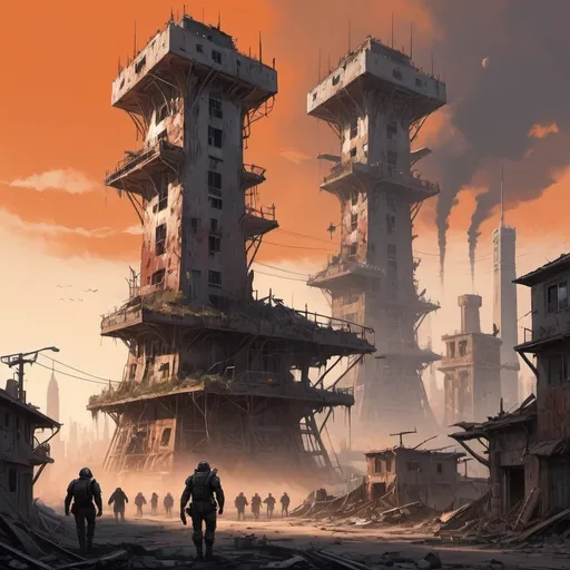 Prompt:  Setting a post-apocalyptic cityscape stretches across the horizon, with dilapidated buildings, overgrown vegetation, and a reddish-orange sky hinting at a recent catastrophe. main element dominating the center is a tall, resilient tower, constructed from scavenged materials. its design is makeshift, yet it stands as a testament to human ingenuity and determination. the tower's multiple levels and platforms are populated with human silhouettes, some looking out with binoculars, others readying weapons, and a few setting up barricades. ai assault from the city ruins, a bizarre army approaches. everyday household appliances, now controlled by rogue ai, march towards the tower. toasters with menacing glows, washing machines on tank treads, vacuums with robotic arms, and refrigerators launching frozen projectiles form the advancing horde. ,detailed engineering pencil sketch that illustrates the concept of augmented intelligence in the context of "ai for good, " Frank Fazetta