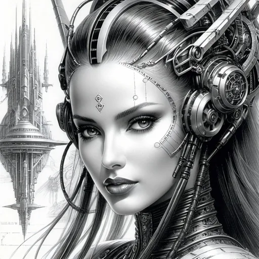 Prompt: ,Detailed engineering pencil sketch that illustrates the concept of augmented intelligence in the context of "ai for good, " Luis Royo