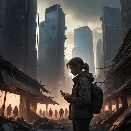 Prompt: Dystopian society, post-apocalyptic streaming platform bustling with survivors using cracked smartphones and tattered tablets, shattered skyscrapers piercing the smoky skyline, makeshift shelters formed by tattered clothes and debris, foreground focused on a determined individual illuminated by the eerie glow of a mobile screen, intricate shadowplay, detailed texture of worn-out technology, contrast of stark survivalism against technological remnants