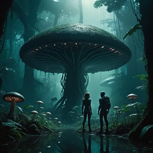 Prompt: there are two people standing in the dark in the forest, inside an alien jungle, an alien jungle, deep jungle from another world, alien jungle forest, mystical sci-fi concept art, alien forest in background, still from the movie the arrival, underwater mushroom forest, cinematic beeple, an epic scifi movie still, depicted as a scifi scene, humid alien jungle