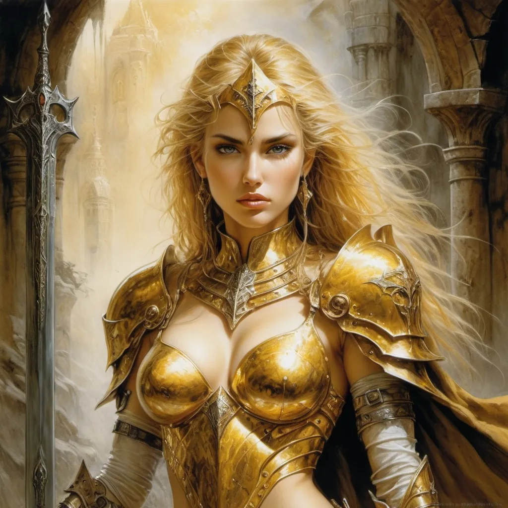 Prompt: An oil painting by luis royo of a golden paladin, gorgeous female, the artwork is rich in detail and texture, creating a vivid image, highly complex, and meticulously detailed. an authentic conceptual and careful depiction, inferring a perfect visual representation of an old-school rpg fine art, cfg scale 18, 32k resolution, blender.