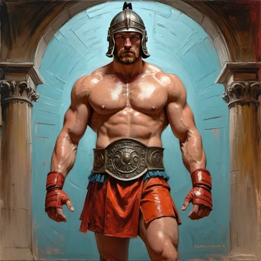 Prompt: portrait 30-year-old wrestler , full body ,red dressed ancient roman gladiator with big muscles with gladiator helmet , looking directly , chris bumstead, big , hight details drawing , John William Waterhouse, highly detailed, 8k, ornate, intricate, cinematic, dehazed, atmospheric, (oil painting:0.75), (splash art:0.75),(teal:0.2),(orange:0.2), (by Jeremy Mann:0.5), (by John Constable:0.1),(by El Greco:0.5),(acrylic paint:0.75) by Van Gogh