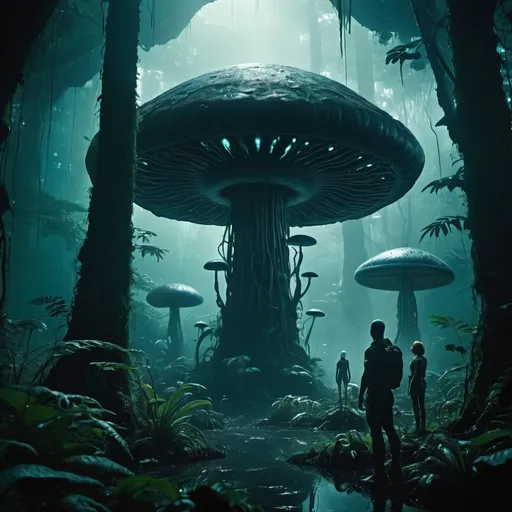 Prompt: there are two people standing in the dark in the forest, inside an alien jungle, an alien jungle, deep jungle from another world, alien jungle forest, mystical sci-fi concept art, alien forest in background, still from the movie the arrival, underwater mushroom forest, cinematic beeple, an epic scifi movie still, depicted as a scifi scene, humid alien jungle