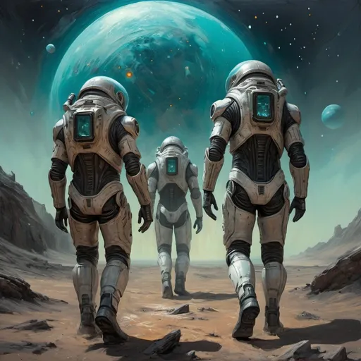 Prompt: A team of explorers navigating a hostile alien planet using advanced exoskeleton suits extraterrestrial survival futuristic adventure sci-fi illustration -- spaceship is waiting in  the chaotic starry sky 169  , hyper realistic, highly detaile looking directly , chris bumstead, big , hight details drawing , John William Waterhouse, highly detailed, 8k, ornate, intricate, cinematic, dehazed, atmospheric, (oil painting:0.75), (splash art:0.75),(teal:0.2),(orange:0.2), (by Jeremy Mann:0.5), (by John Constable:0.1),(by El Greco:0.5),(acrylic paint:0.75) by Van Gogh
