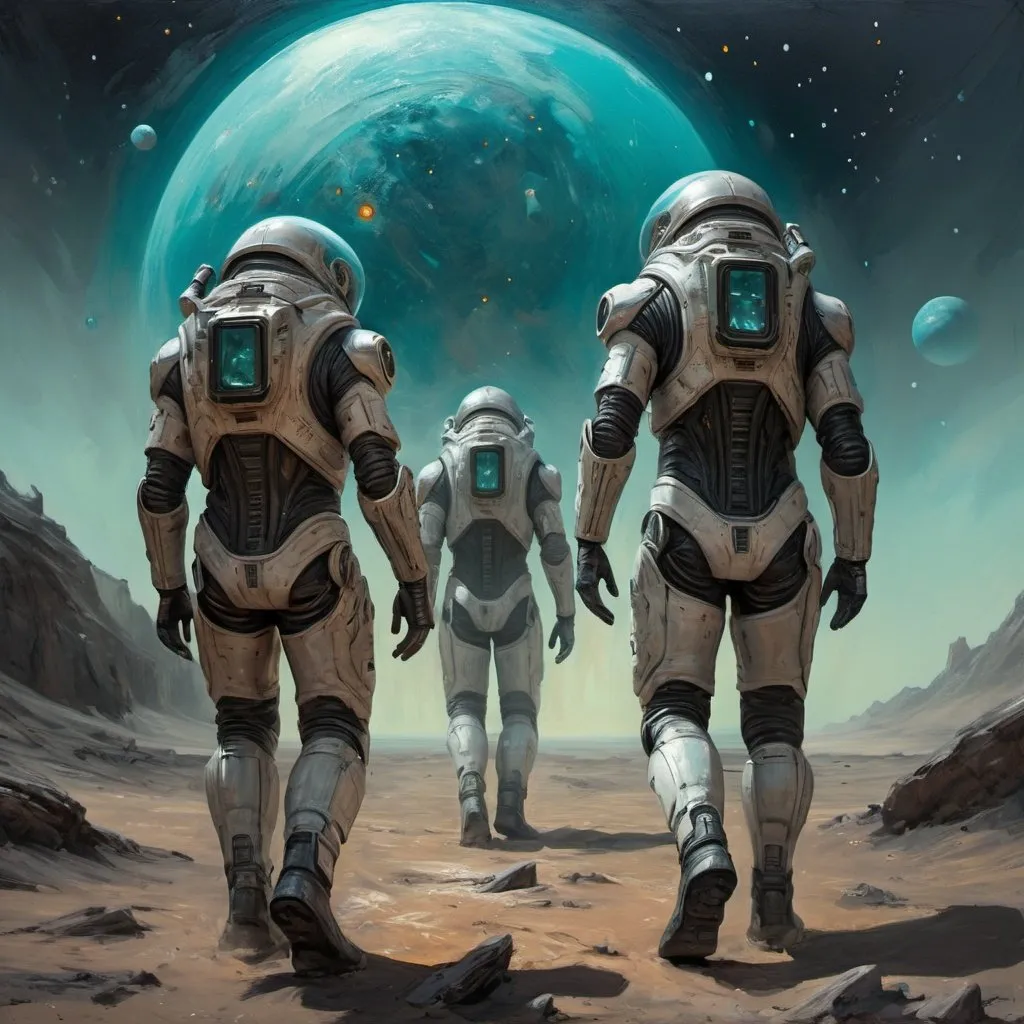 Prompt: A team of explorers navigating a hostile alien planet using advanced exoskeleton suits extraterrestrial survival futuristic adventure sci-fi illustration -- spaceship is waiting in  the chaotic starry sky 169  , hyper realistic, highly detaile looking directly , chris bumstead, big , hight details drawing , John William Waterhouse, highly detailed, 8k, ornate, intricate, cinematic, dehazed, atmospheric, (oil painting:0.75), (splash art:0.75),(teal:0.2),(orange:0.2), (by Jeremy Mann:0.5), (by John Constable:0.1),(by El Greco:0.5),(acrylic paint:0.75) by Van Gogh