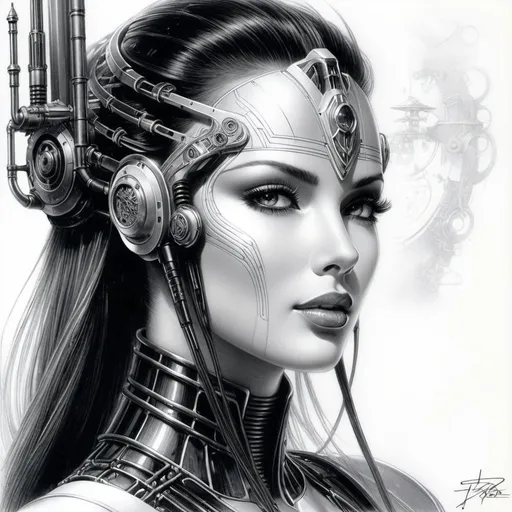 Prompt: ,Detailed engineering pencil sketch that illustrates the concept of augmented intelligence in the context of "ai for good, " Luis Royo