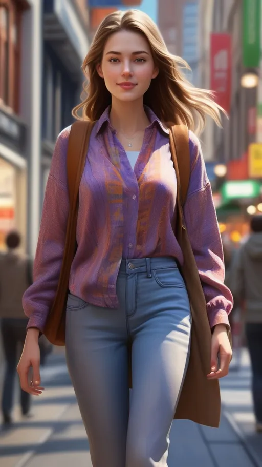 Prompt: (tall young woman), walking down a bustling high street, showcasing (detailed clothing), vibrant urban scenery, (realistic), natural lighting, pedestrians in the background, storefronts showcasing colorful displays, lively atmosphere with a blend of motion and stillness, (ultra-detailed), capturing the essence of everyday life, gentle sunlight casting soft shadows, enhancing textures and details in clothing and surroundings.