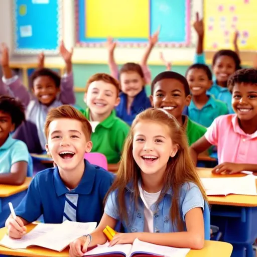 Prompt: Optimistic kids in a classroom