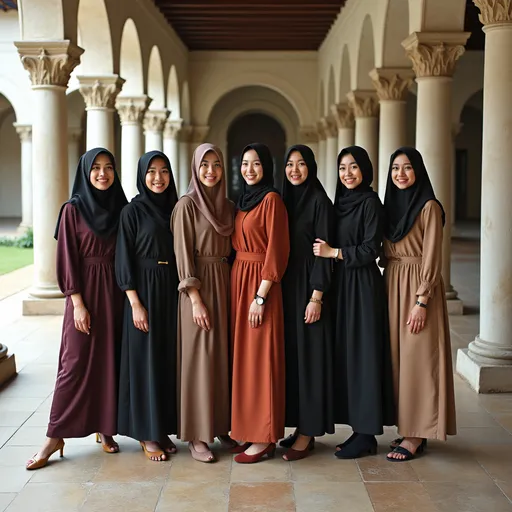 Prompt: a group of women standing next to each other on a tiled floor in a building with columns and arches, Abidin Dino, sumatraism, dynamic pose, a photocopy