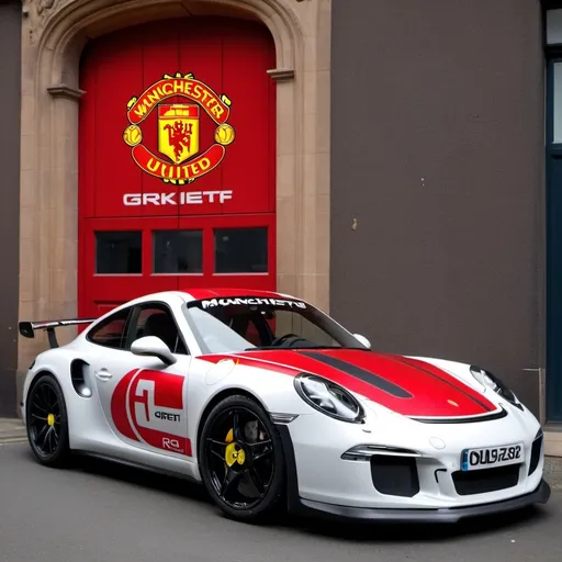 Prompt: Porshe Gtstreet R with big Manchester  united  logo  on the door 
