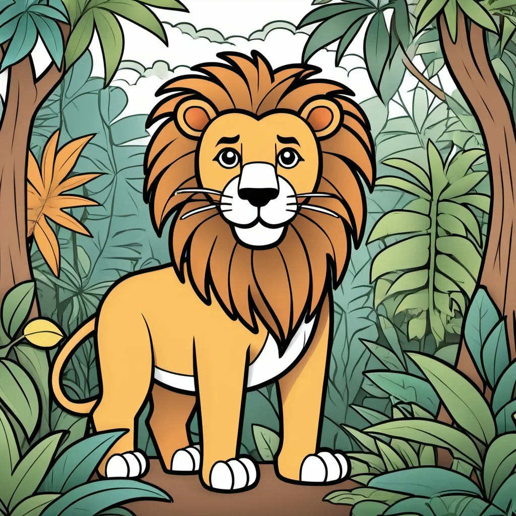 Prompt: Create a coloring page with the number a lion in a jungle setting.