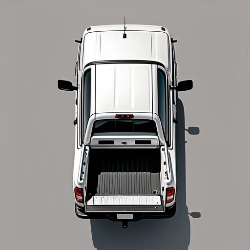 Prompt: A vectoring image of a little white pickup viewed from the sky, at the top, from the back. Without background or landscape around the pickup to vectorial into an auto vehicle. 