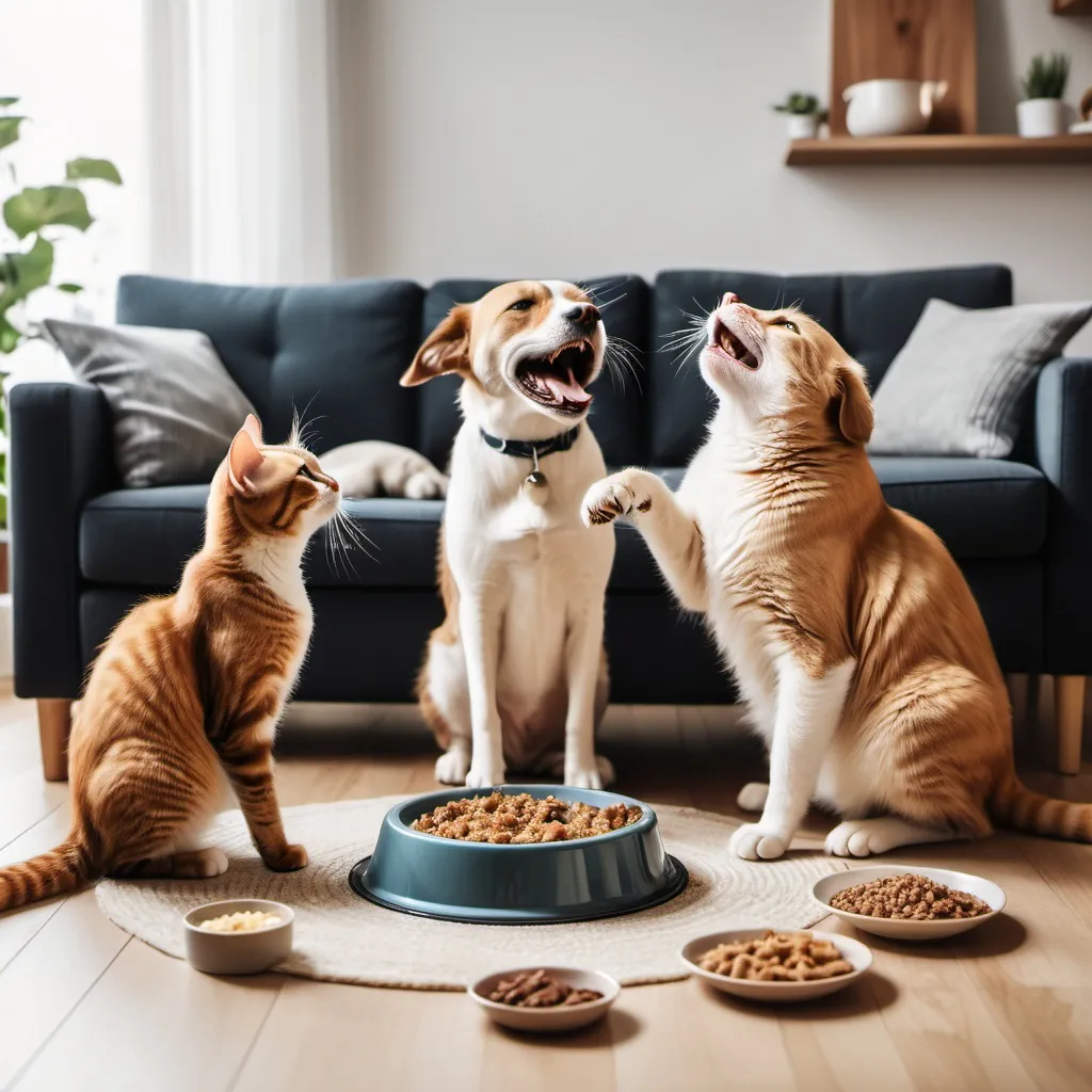 Prompt: A circular image of a cat and 2 dogs being fed by a pet sitter at their own home and being happy

