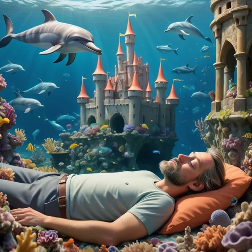 Prompt: A man with a small beard sleeping on the surface of the ocean, under him we can see fish and dolphins and an under-water kingdom with a castle made intierly out of reefs.
