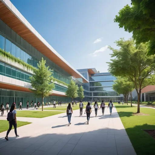 Prompt: 
"A modern college campus with futuristic architecture, lush greenery, and students walking. The campus should look vibrant and welcoming, with clear blue sky and modern educational buildings. Include diverse students of various ethnicities."
