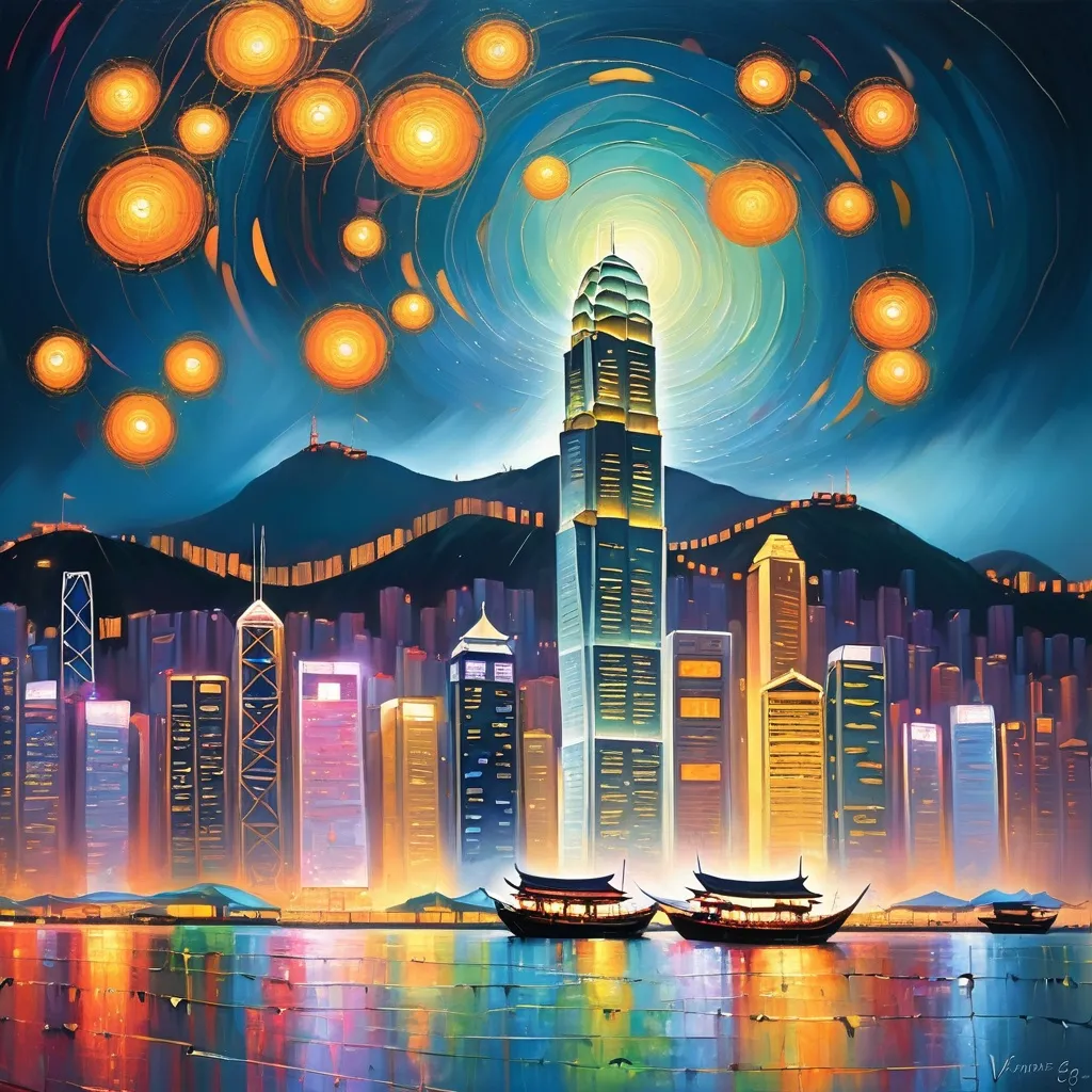 Prompt: Hong Kong,scener,Vincent van gog,symphony of lights,rain