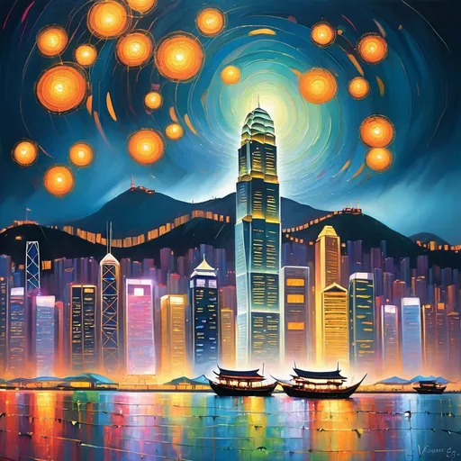 Prompt: Hong Kong,scener,Vincent van gog,symphony of lights,rain
