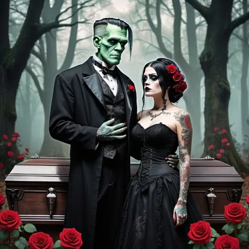 Prompt: gothic style Frankenstein and his bride side angle with tattoos in a enchanted forest background with red roses and a coffin