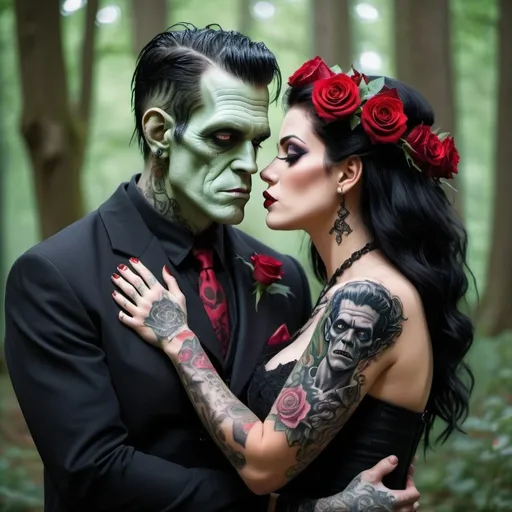 Prompt: gothic style Frankenstein has a thick build with a Zeus tattoo on arm. side angle of bride with tattoos of medusa on shoulder on female. kissing Frankenstein in an enchanted forest background with red roses and a coffin 
