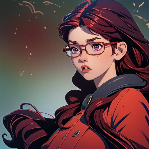 Prompt: girl with round thin glasses and dark red hair
