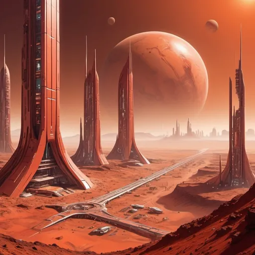 Prompt: City on Mars, futuristic architecture, red and orange color tones, advanced technology, bustling cityscape, towering terraformed structures, high quality, sci-fi, detailed design, vibrant atmosphere, artificial lighting, urban, Martian environment