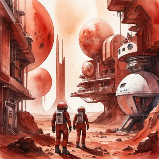 Prompt: people living on Mars, watercolor painting, red and rust tones, futuristic habitats, bustling Martian city, dusty red landscape, detailed space suits, scientific exploration, vibrant watercolor style, atmospheric lighting, high quality, detailed, watercolor, futuristic, Mars, bustling city, scientific exploration, vibrant tones, red, rust, space suits