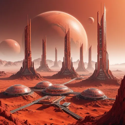 Prompt: Futuristic Martian cityscape with towering terraformed structures, advanced technology, vibrant red and orange tones, high-quality 4k detail, sci-fi, urban environment, artificial lighting, futuristic architecture, advanced technology, Martian city, detailed design, vibrant atmosphere, towering structures, terraformed landscape