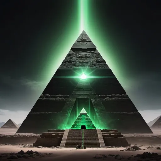 Prompt: A giant, onyx black pyramid with a green portal in front of it 
