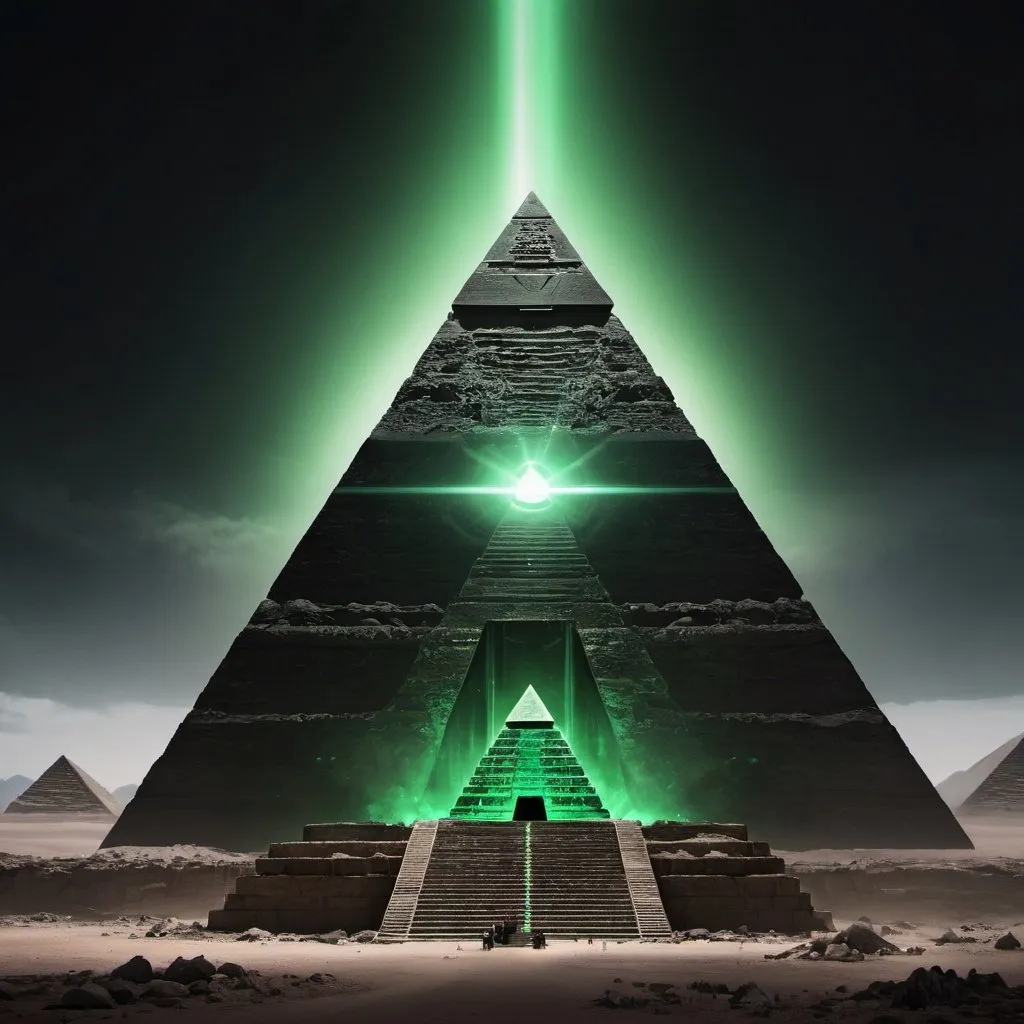 Prompt: A giant, onyx black pyramid with a green portal in front of it 
