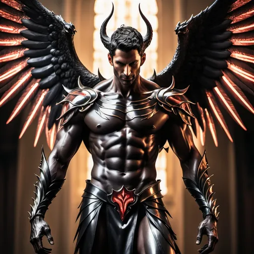 Prompt: A picture of Lucifer with shiny armor on his chest and shins his forearms with big black angle wings 
