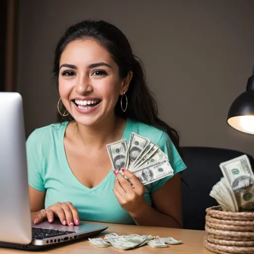 Prompt: mexican woman happy looking at the computer with cash