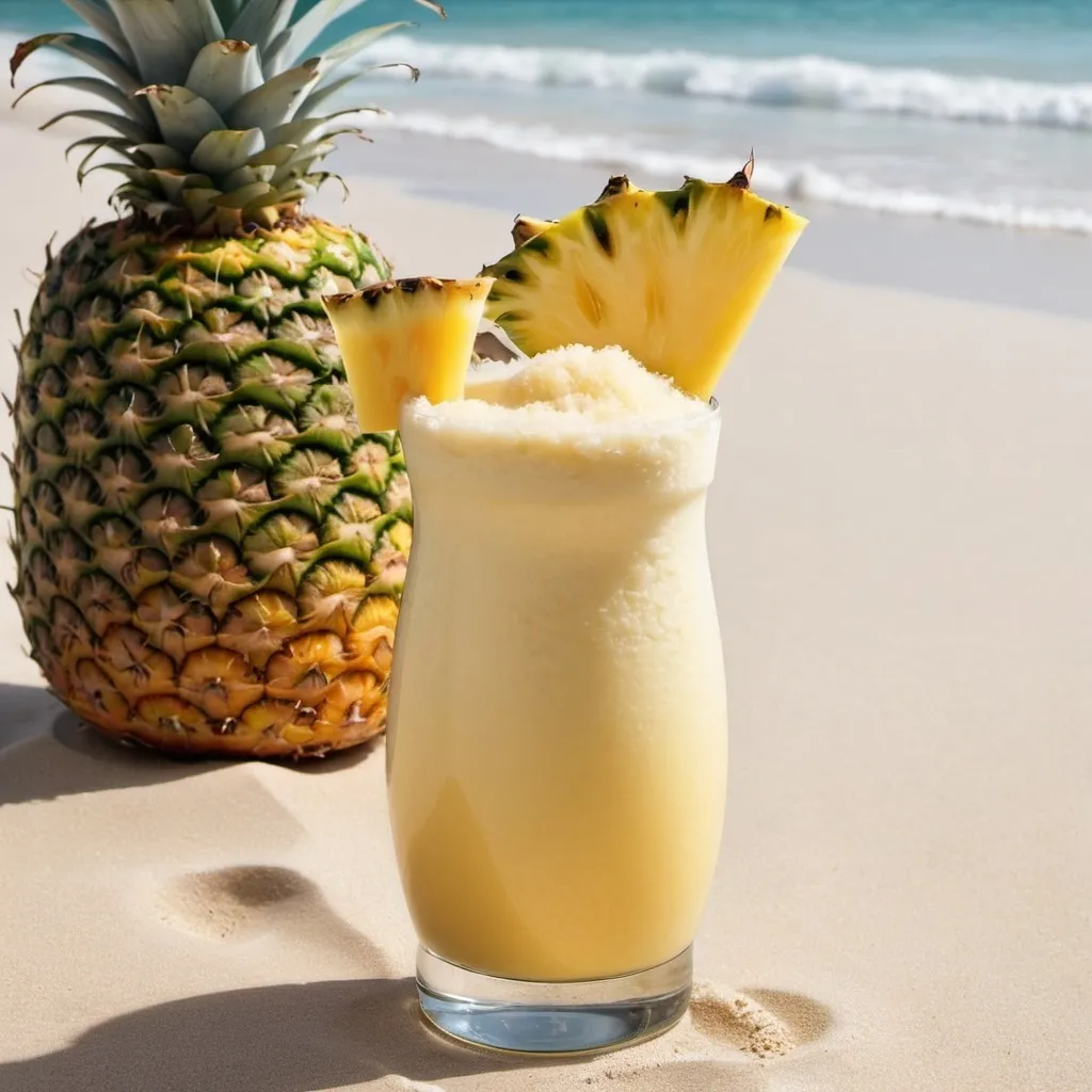 Prompt: Pineapple hugs coconut,sea,sand, sugarcane,Pinacolada juice,sun. 