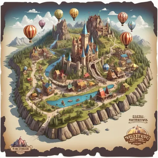 Prompt: (Hand illustrated map), theme park concept, wild west town, futuristic town, medieval forest, vibrant wild animals, flowing rivers, majestic mountains, interconnected footpaths, (imposing giant castle) at the center, colorful hot air balloons, scenic viewing platforms, whimsical and adventurous atmosphere, intricate details throughout, (4K), ultra-detailed design, enchanting landscape suitable for a Family-friendly experience.