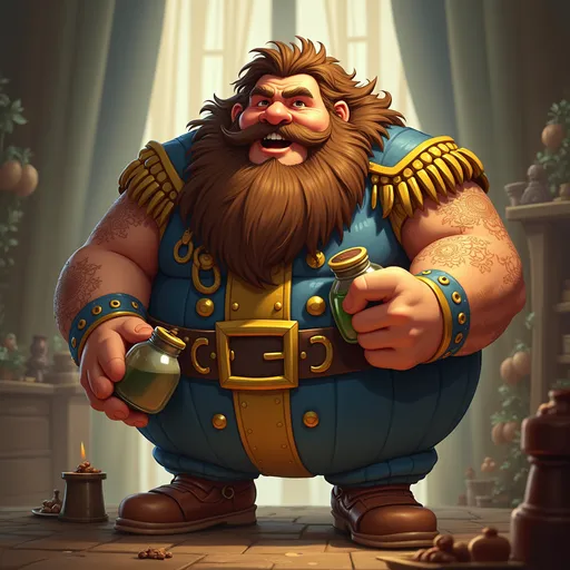 Prompt: a cartoon lieutenant he is a commander make him big and strong and hairy very very very hairy and fat but asterix cartoon type drinking a potion but hairy hair everywhere and very hairy
