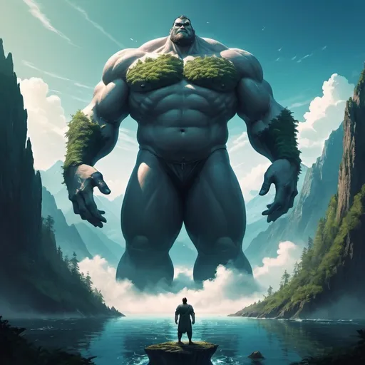 Prompt: fantasy, a huge man, 1000 meters tall, with shining wrists, stands in a small sea, looks at small forests and mountains