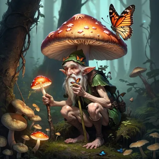 Prompt: an old, decrepit mushroom elf, overgrown with glowing mushrooms, leans on a cane with one hand, and gently holds a butterfly with the other hand.