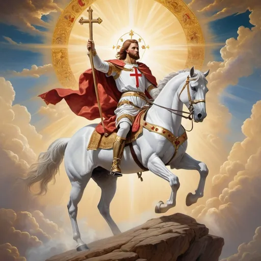 Prompt: St. George in white horse with Holy Cross on his chest