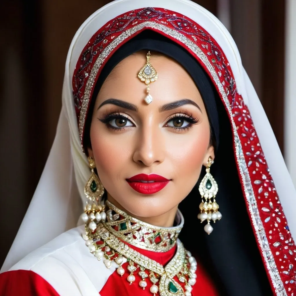 Prompt: Diamond face red lip Muslim woman wearing her traditional costume