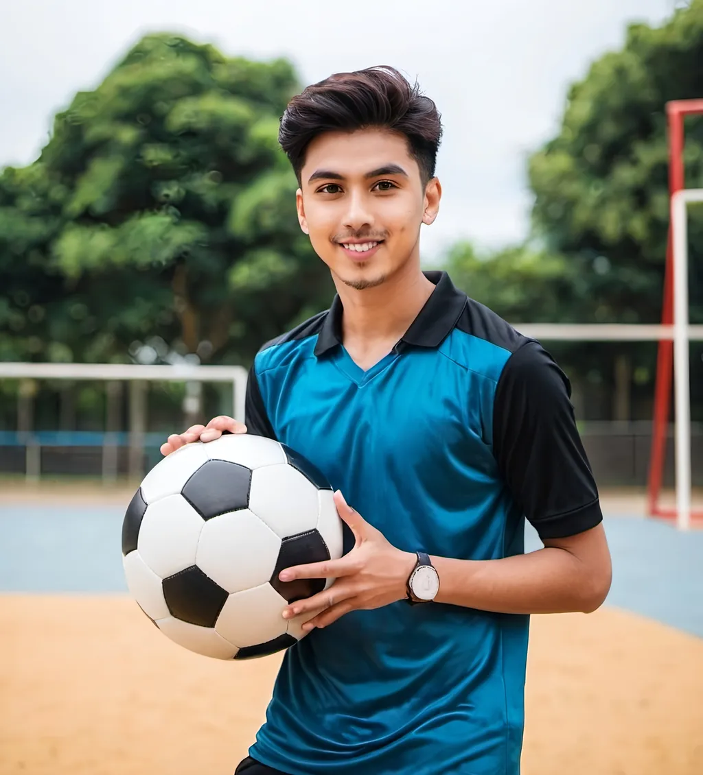 Prompt: A young man holding a football in the playground pose to shoot.