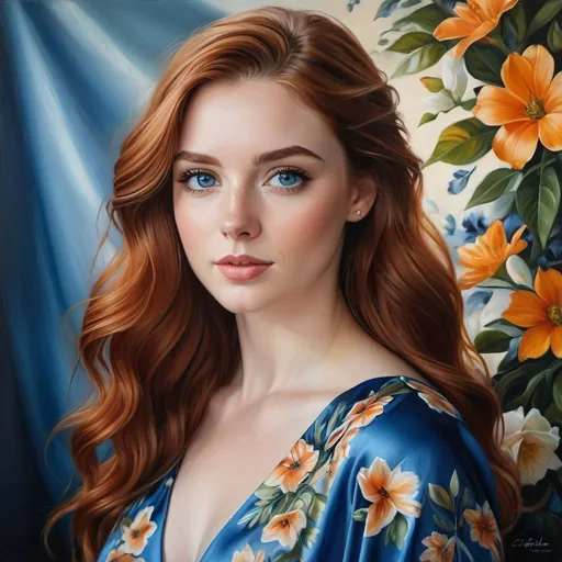 Prompt: High-quality, hyper-realistic portrait of a confident young woman, oil painting, striking blue eyes, flowing auburn hair, elegant floral dress, soft natural lighting, vibrant colors, detailed features, realistic skin texture, professional artistry