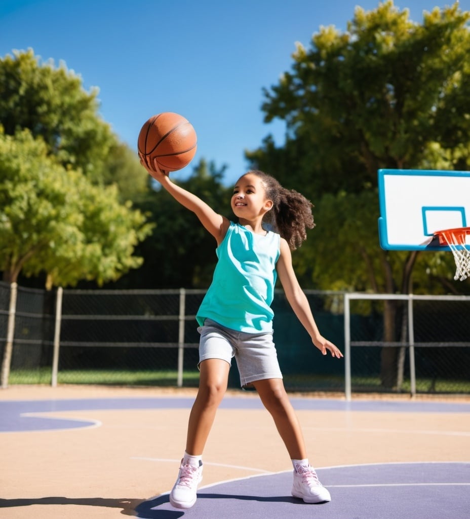 Prompt: A picture of  young girl  playing basketball in the playground. 